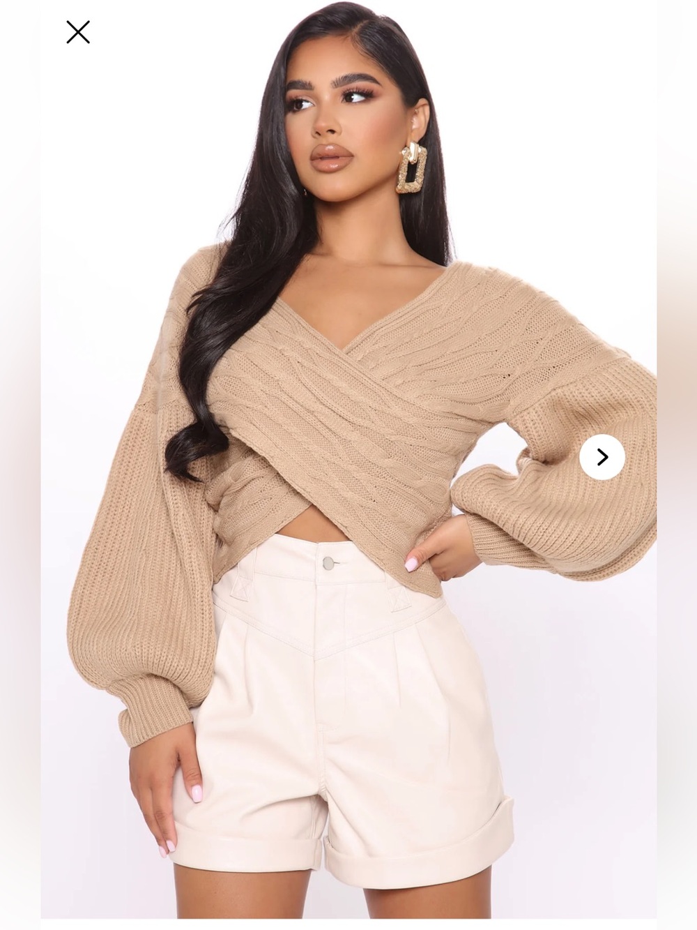 Women's Taupe Cross‑Front Cable Knit Sweater
